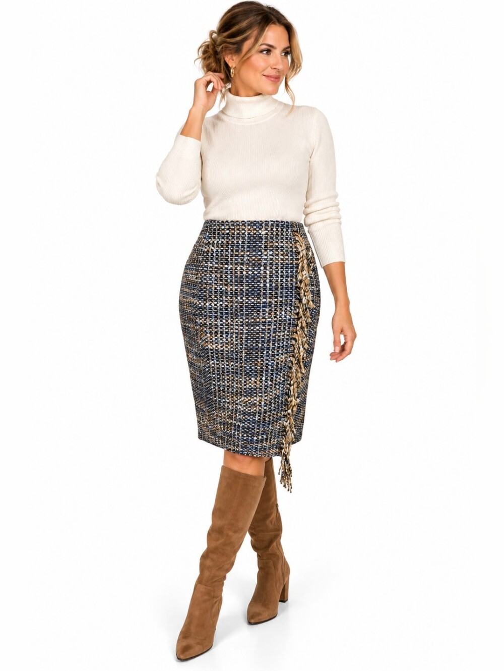 Halogen Blue Gold Tweed Fringe Pencil Skirt Wool Blend Lined Work Office Size 6